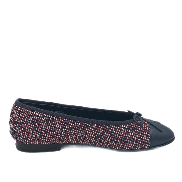 Chanel Navy Red Tweed Leather Interlocking CC Cap Toe Ballet Flats Size 38 - Picture 3 of 8